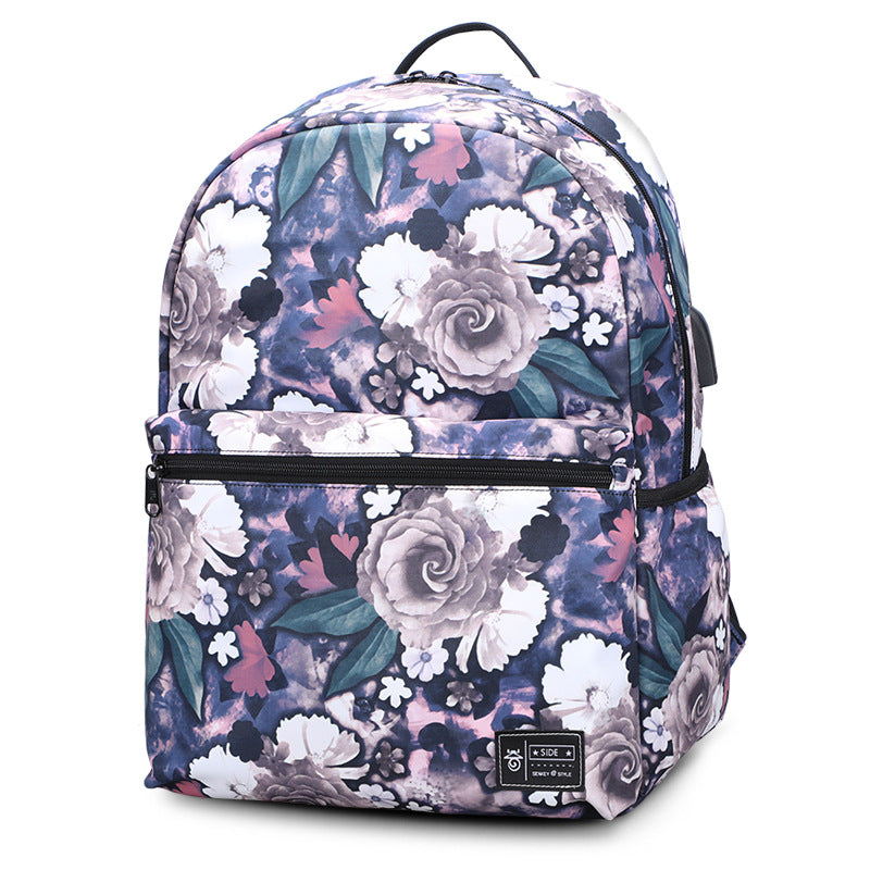 Two-Piece Large Capacity Floral Print Backpack with USB Charging Port - Peony Design