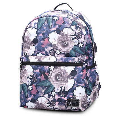 Two-Piece Large Capacity Floral Print Backpack with USB Charging Port - Peony Design