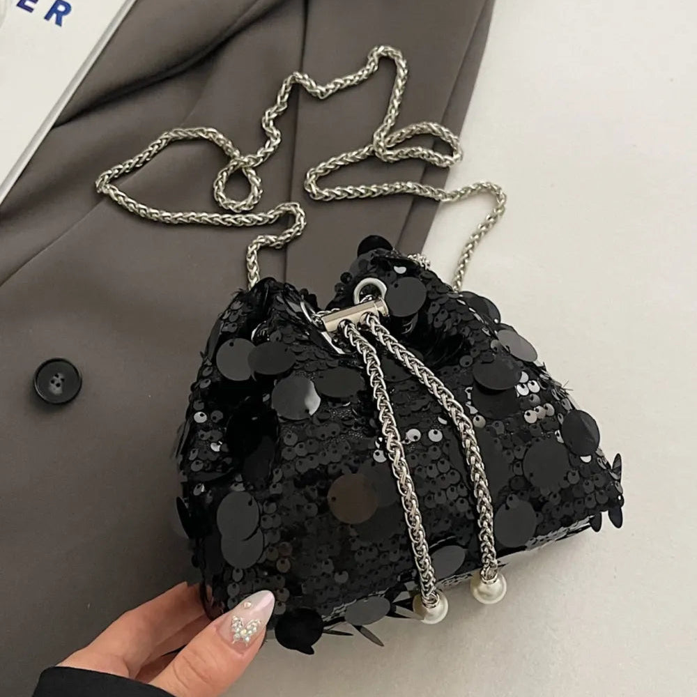 Shimmering Drawstring Sequin Pouch Crossbody Bag