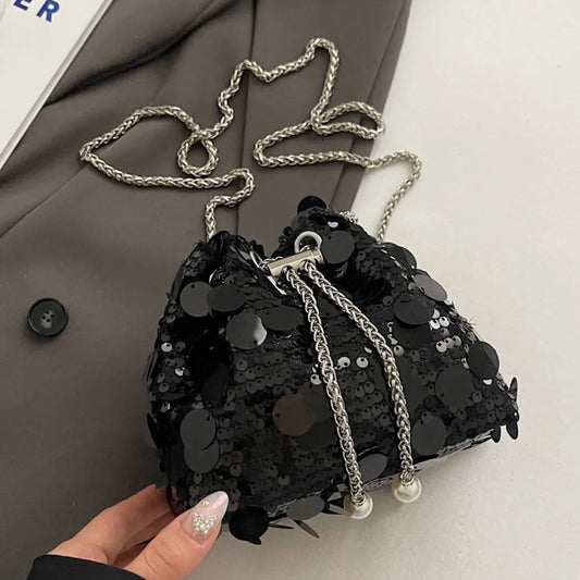 Shimmering Drawstring Sequin Pouch Crossbody Bag