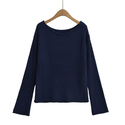 Elegant Off-Shoulder Knitted Sweater – Chic Long Sleeve Solid Color Top for Women