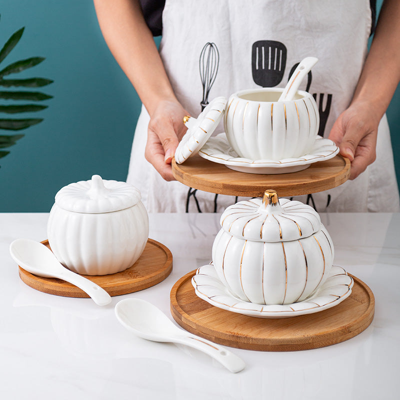 Creative Ceramic Pumpkin Soup Bowl with Lid and Saucer Set