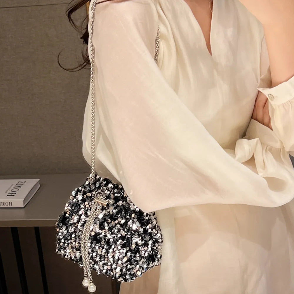 Sparkling Sequin Drawstring Bucket Bag with Chain Strap