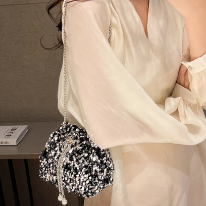Sparkling Sequin Drawstring Bucket Bag with Chain Strap