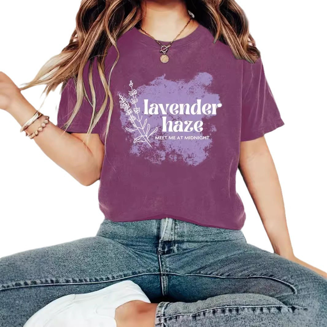 Lavender Haze' Pattern Printed Round Neck Short Sleeved T-Shirt | Graphic Slogan Tee