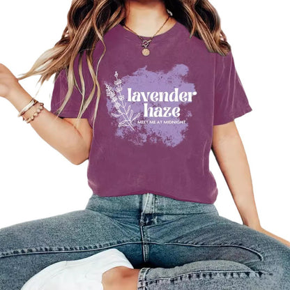 Lavender Haze' Pattern Printed Round Neck Short Sleeved T-Shirt | Graphic Slogan Tee