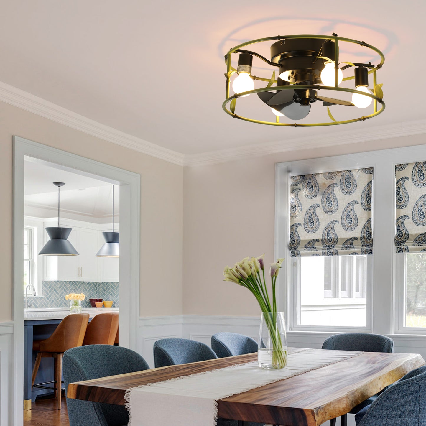 Modern Low Profile Caged Ceiling Fan with Lights – Remote Controlled Flush Mount Fan for Bedroom & Dining