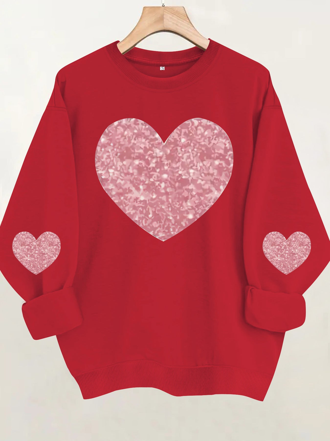 Pink Glitter Heart Print Grey Sweatshirt | Cozy Long Sleeve Pullover for Women