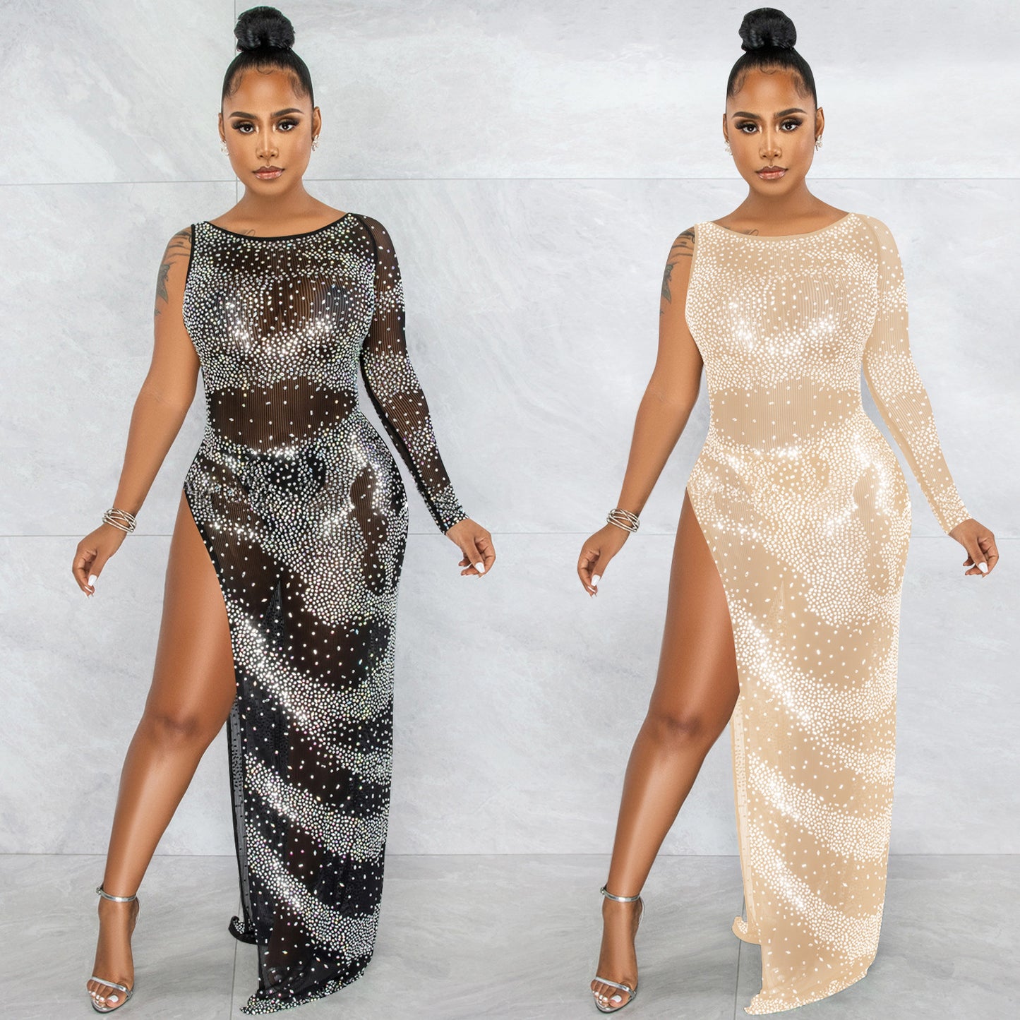 Glamorous Rhinestone Single Long Sleeve Maxi Dress – Sexy Irregular Slit Nightclub Outfit for Women