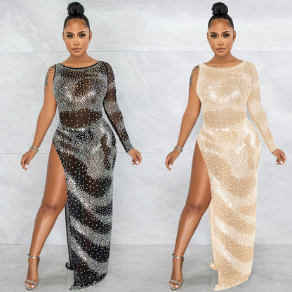 Glamorous Rhinestone Single Long Sleeve Maxi Dress – Sexy Irregular Slit Nightclub Outfit for Women