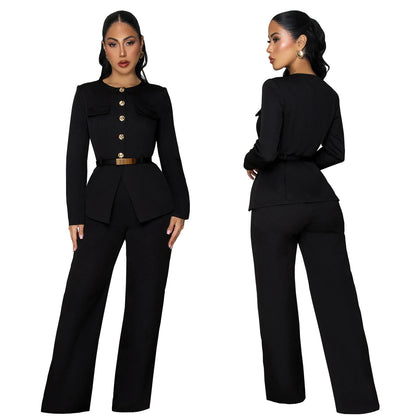 Elegant Two-Piece Belted Blazer & Wide-Leg Pants Set - Sophisticated Professional Workwear for Women