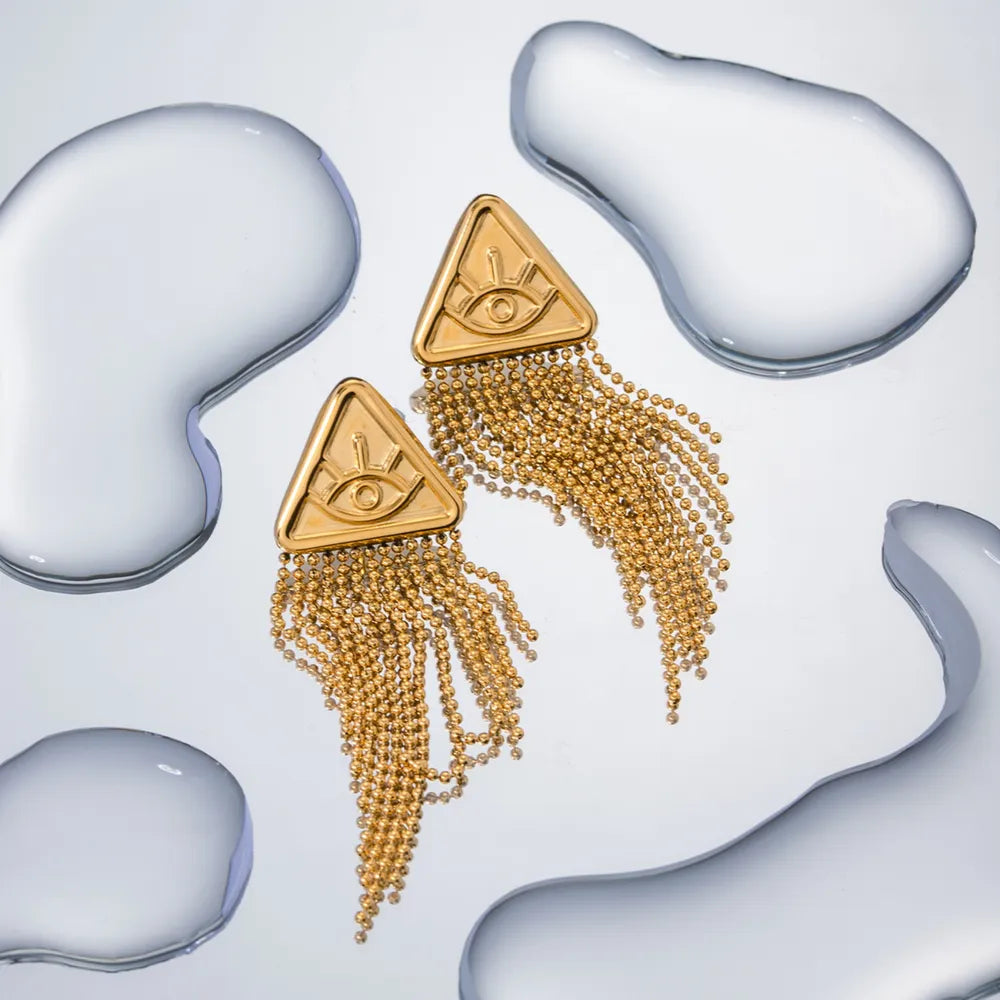 Statement Evil Eye Triangle Tassel Drop Earrings