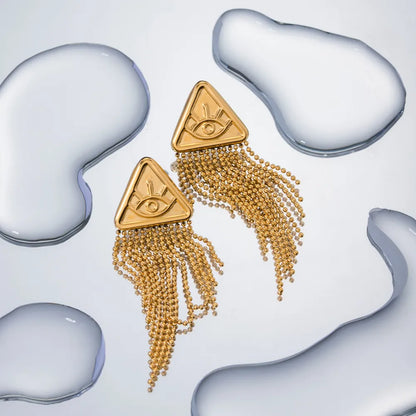 Statement Evil Eye Triangle Tassel Drop Earrings
