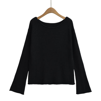 Elegant Off-Shoulder Knitted Sweater – Chic Long Sleeve Solid Color Top for Women