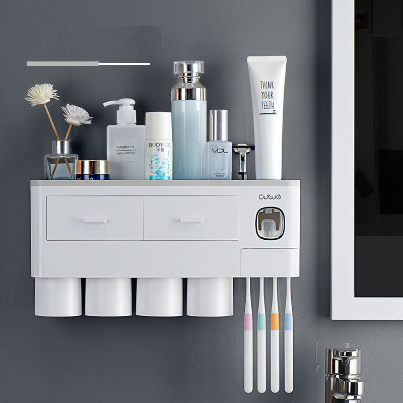 All-in-One Wall-Mounted Toothbrush Holder – Magnetic Cup Set with Automatic Toothpaste Squeezer & Storage Drawer