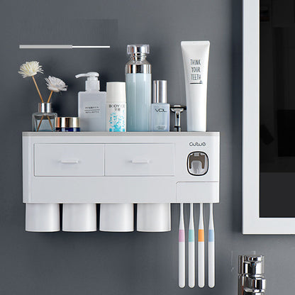 All-in-One Wall-Mounted Toothbrush Holder – Magnetic Cup Set with Automatic Toothpaste Squeezer & Storage Drawer