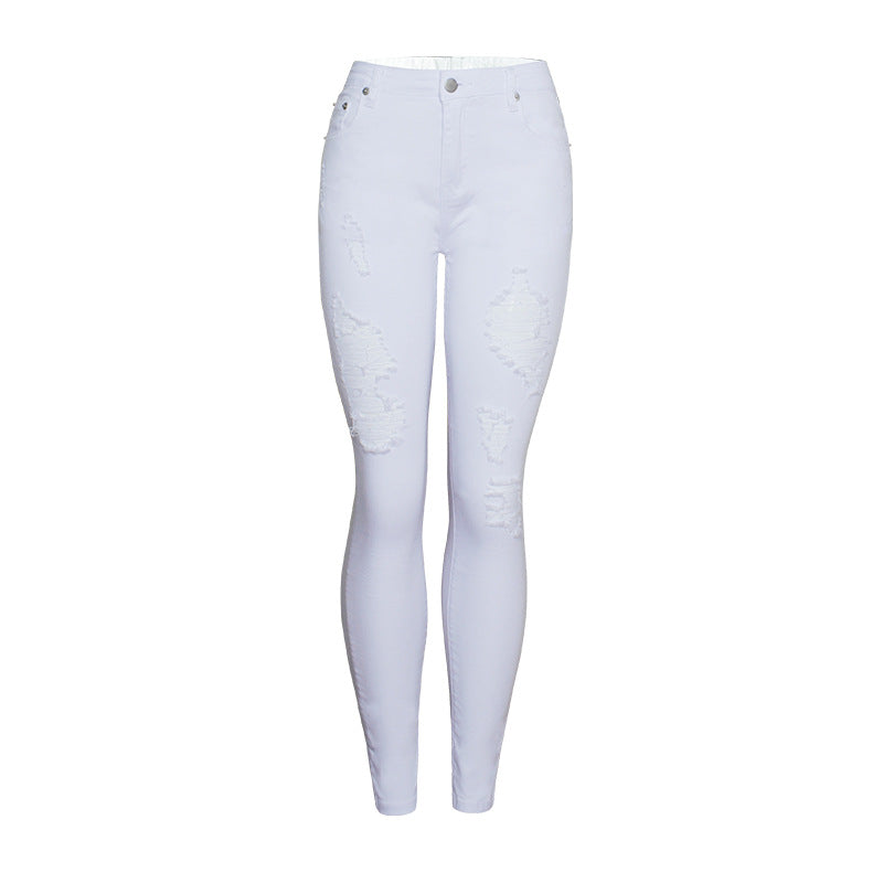 Elegant White Ripped Pencil Pants – High Waist Slim Fit Distressed Denim for Women