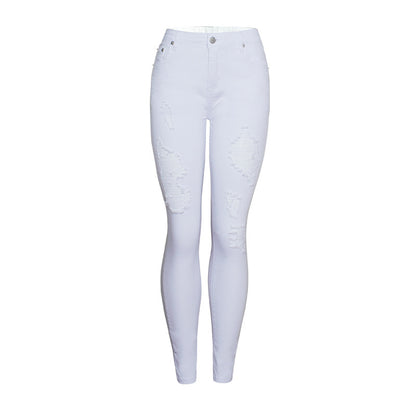 Elegant White Ripped Pencil Pants – High Waist Slim Fit Distressed Denim for Women