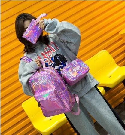 3-Piece Holographic Laser Backpack Set with "Crybaby" Embroidery - School & Travel
