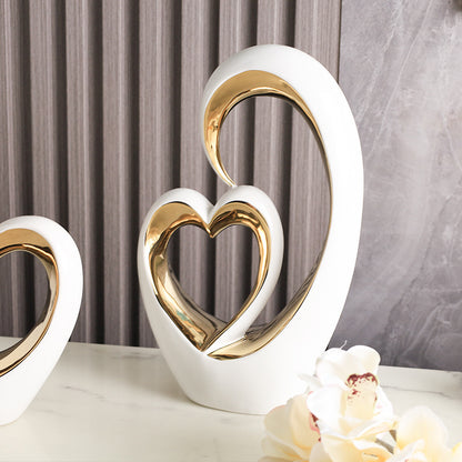 Modern Ceramic Heart-to-Heart Sculpture – Luxury Golden Abstract Love Ornament