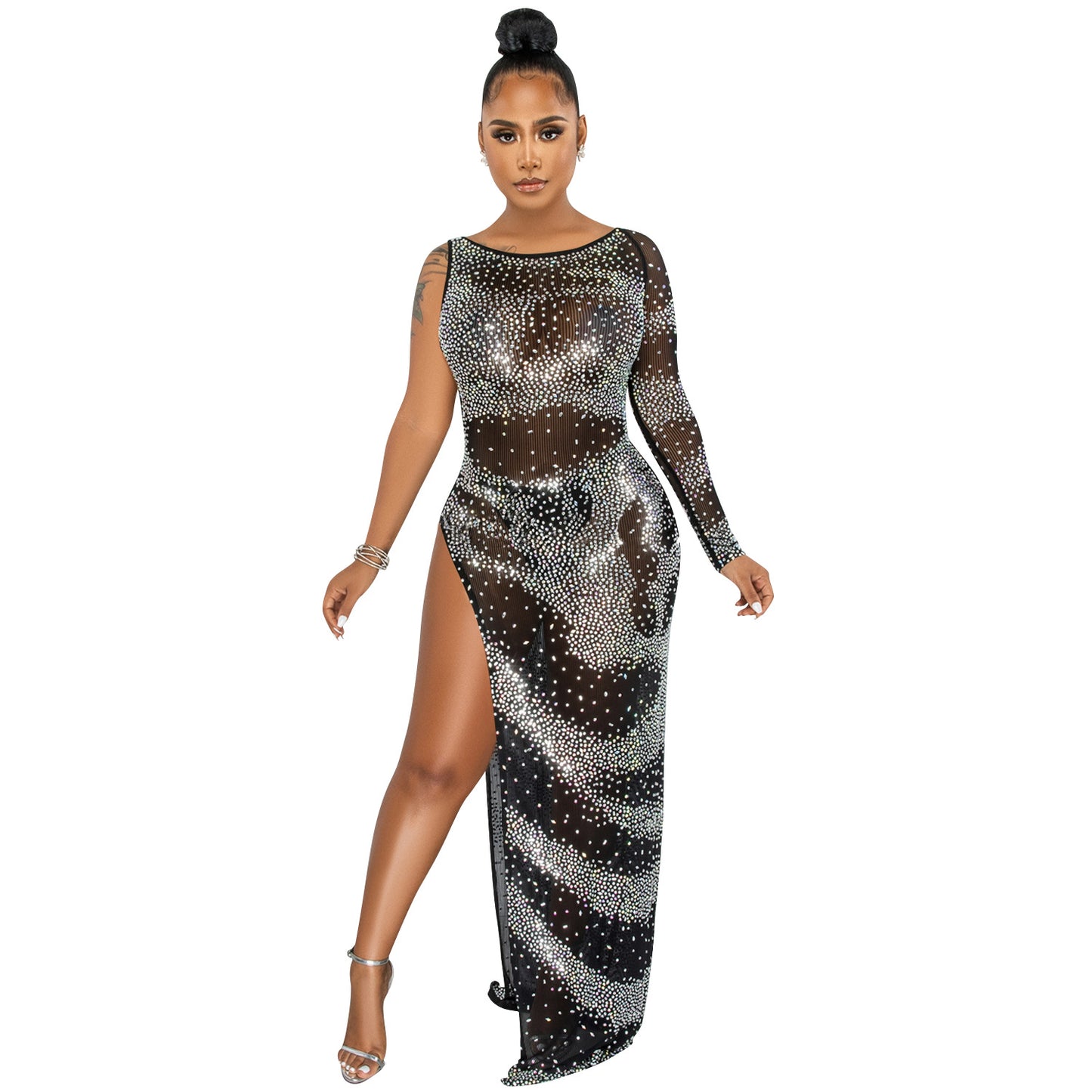 Glamorous Rhinestone Single Long Sleeve Maxi Dress – Sexy Irregular Slit Nightclub Outfit for Women