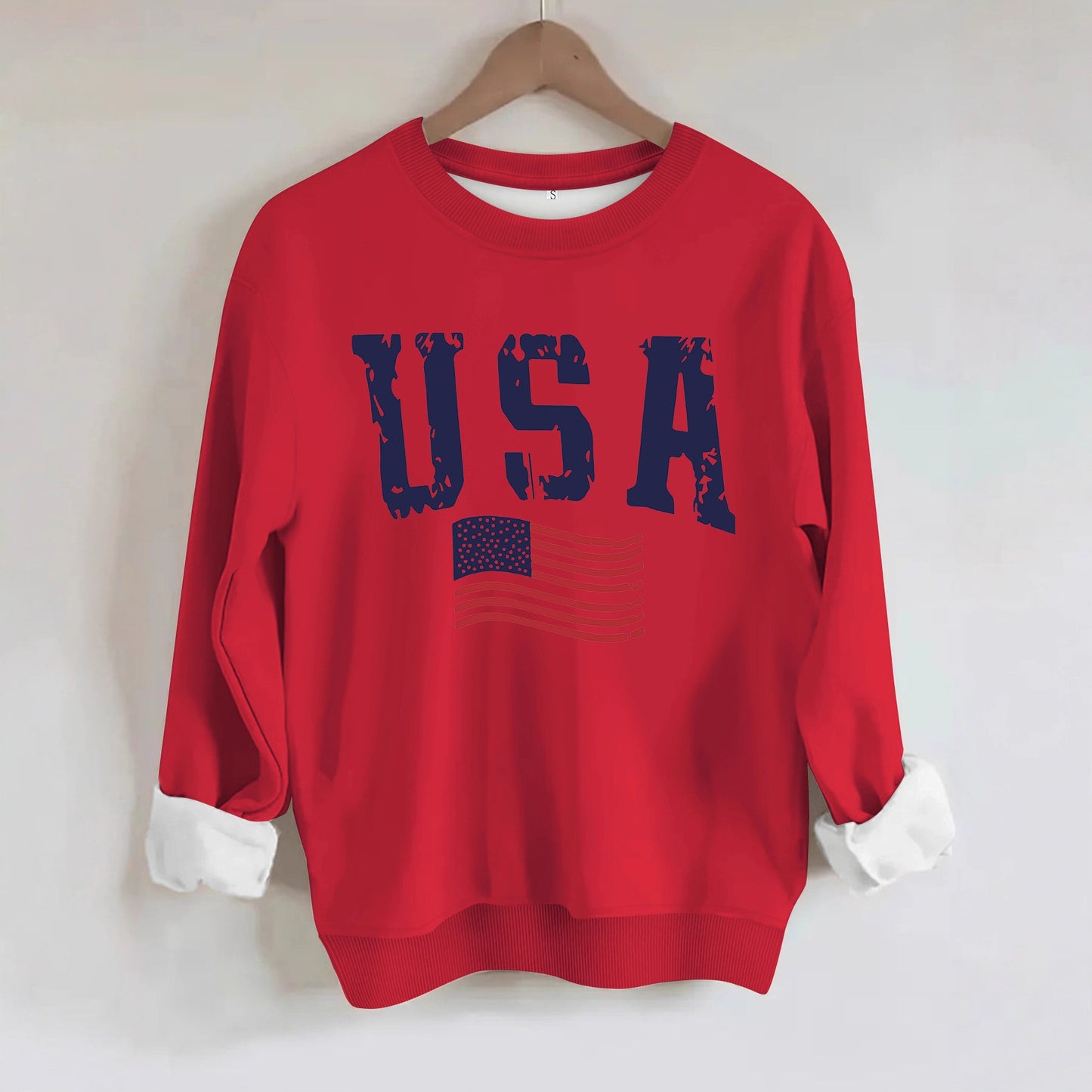 USA Flag Distressed Print Grey Sweatshirt | Unisex Round Neck Sports Pullover