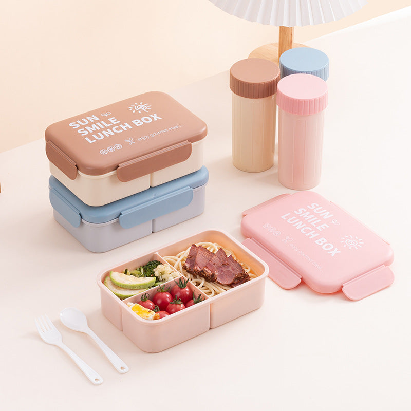 Stylish Pastel Bento Lunch Box - Microwave Safe 3-Compartment Food Container with Spoon & Fork (Portable & Leak-Proof)