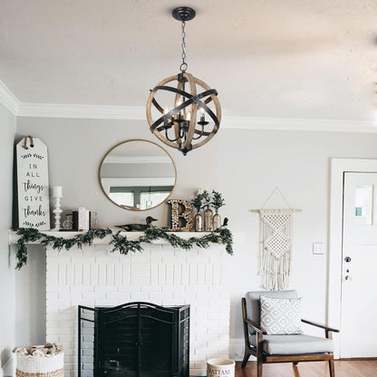 Rustic Farmhouse Orb Chandelier – 4-Light Vintage Wood & Metal Globe Pendant for Dining Room
