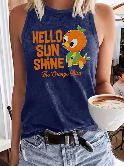 Hello Sunshine' Orange Bird Print Vest | Loose Fit Graphic Tank Top for Women