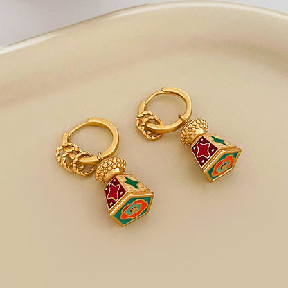 Chinese Retro Enamel Lantern Drop Hoop Earrings