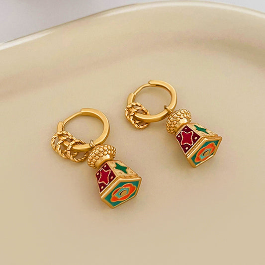 Chinese Retro Enamel Lantern Drop Hoop Earrings