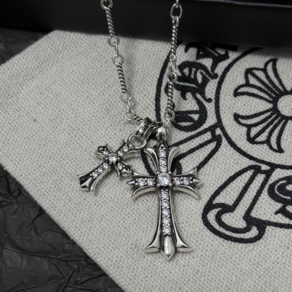Retro Chrome Hearts Style Cross Necklace - Punk Rock Jewelry with Double Pendant