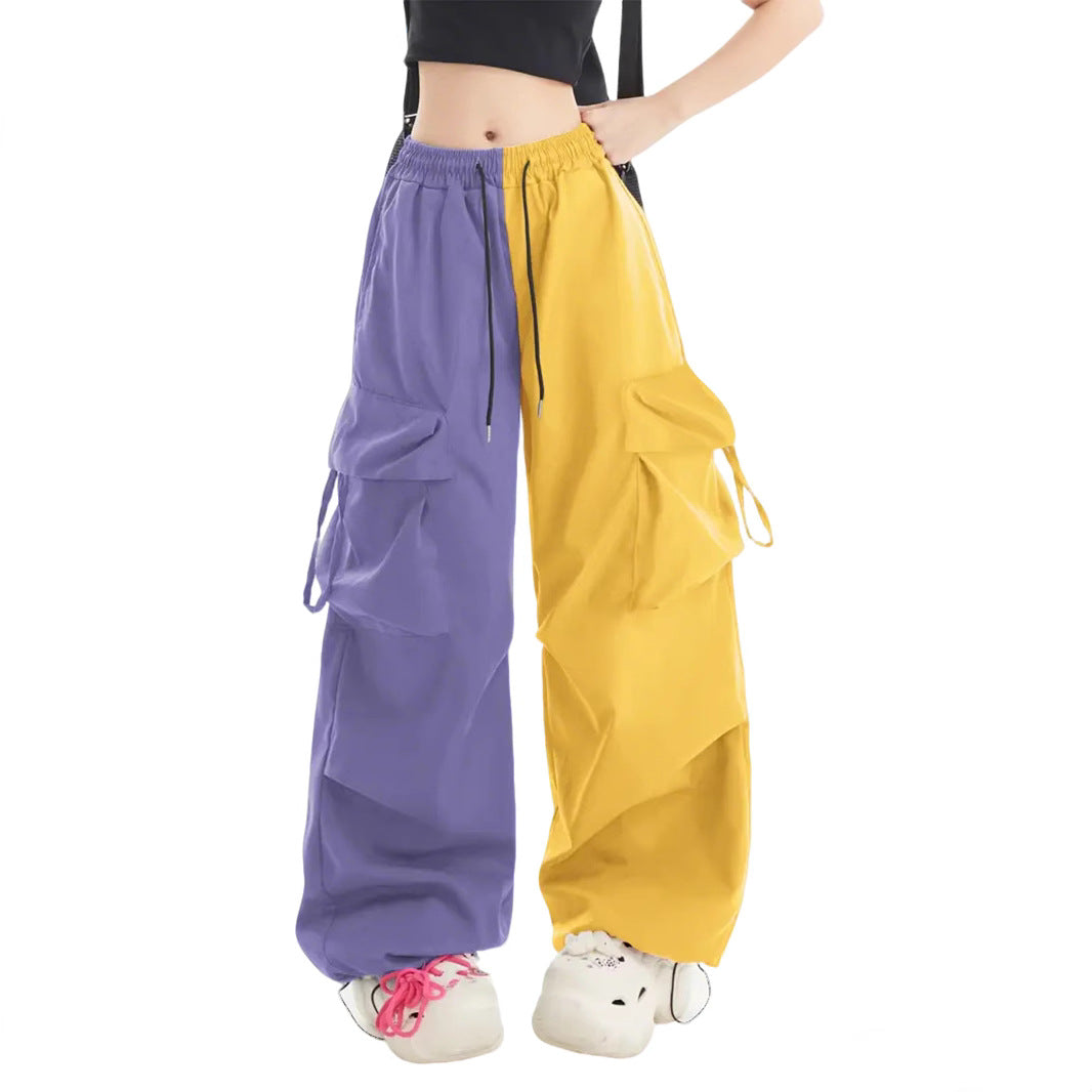 Women's Color Block High Rise Cargo Pants - Purple & Yellow Streetwear Trousers