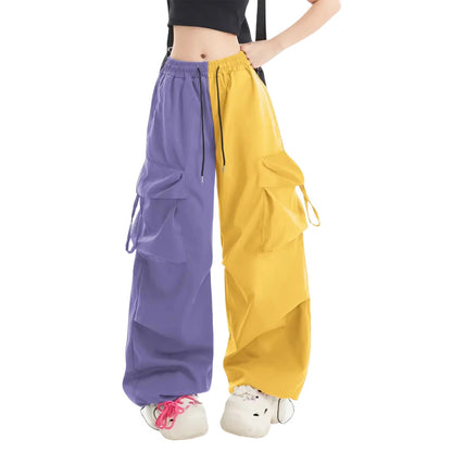 Women's Color Block High Rise Cargo Pants - Purple & Yellow Streetwear Trousers