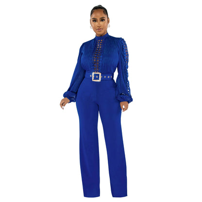 Chic Solid Color Long Sleeve Belted Jumpsuit - Elegant Ruffle Cut-out Party Trousers