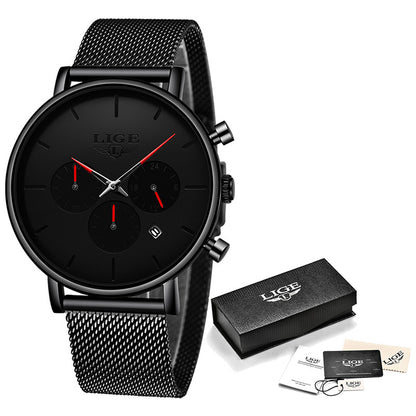 LIGE Men's Ultra-Thin Black Mesh Strap Multi-Function Quartz Watch