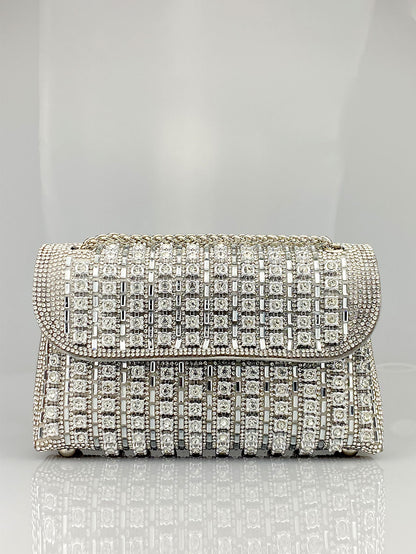 Elegant Black and Gold Chain-Adorned Evening Clutch Bag with Long Strap