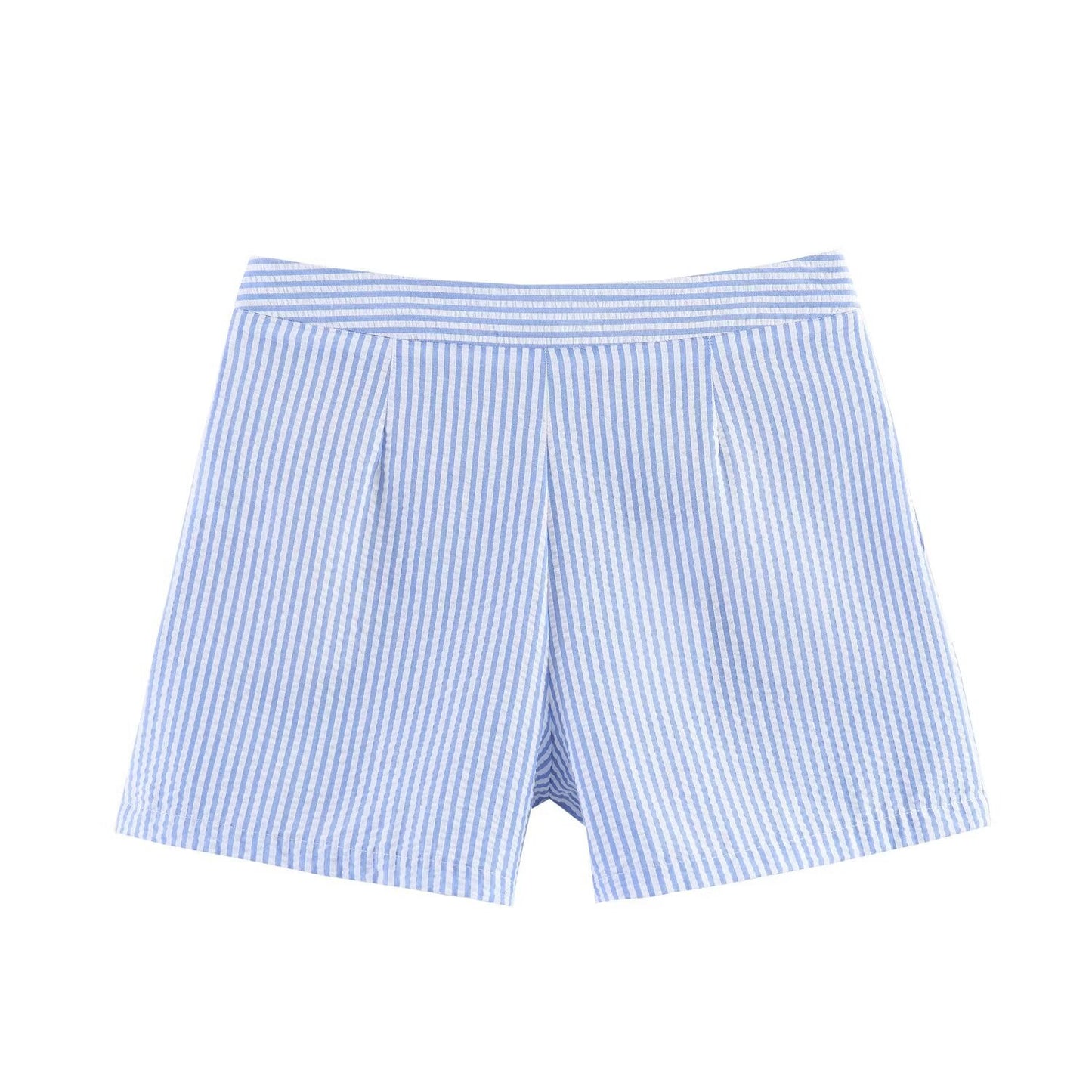 Chic Blue and White Vertical Striped High-Waisted Shorts