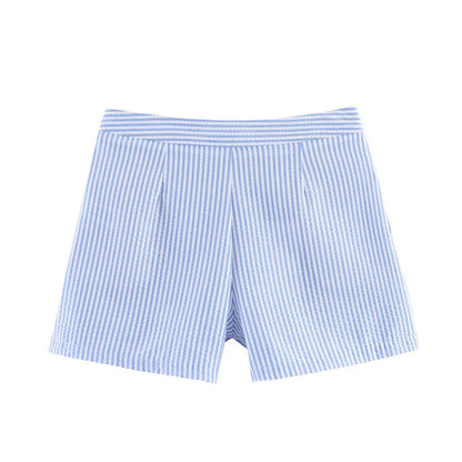 Chic Blue and White Vertical Striped High-Waisted Shorts