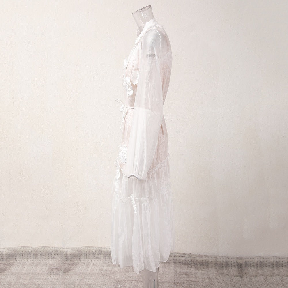Luxury 3D Floral Patchwork White Cardigan Dress - Elegant Lace-Up Mesh Maxi Skirt for Women