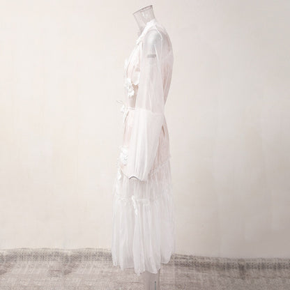 Luxury 3D Floral Patchwork White Cardigan Dress - Elegant Lace-Up Mesh Maxi Skirt for Women