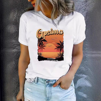GPSIMA Sunset Beach Printed Round Neck Short Sleeve T-Shirt | Graphic Vacation Tee