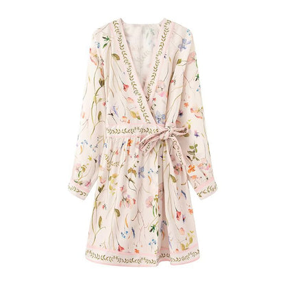Romantic Floral Print Wrap Mini Dress - Elegant V-Neck Long Sleeve Boho Summer Dress