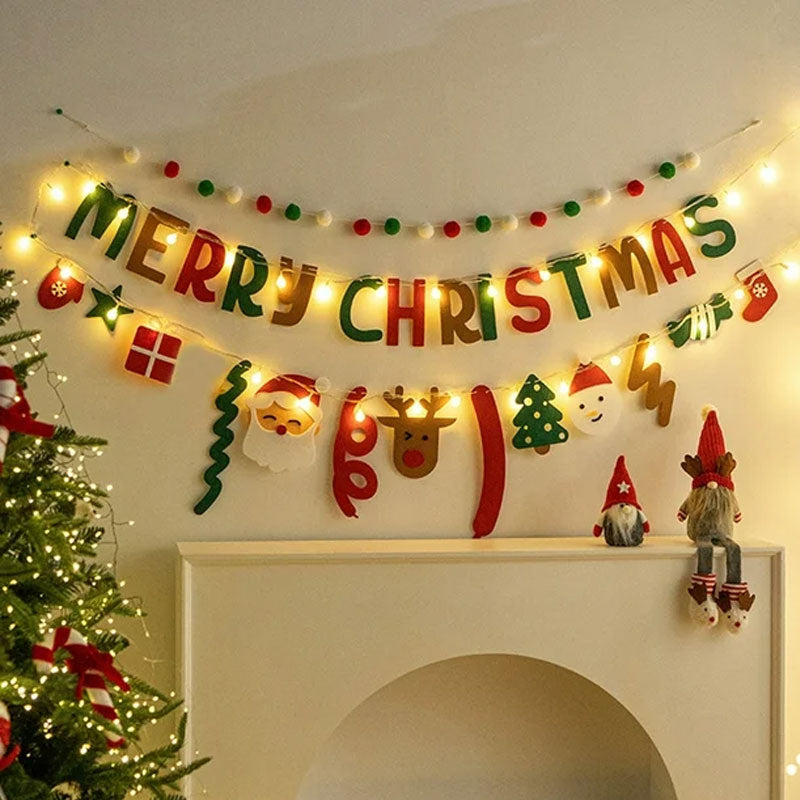 Handmade Christmas Pull String Flag Banner with LED String Lights