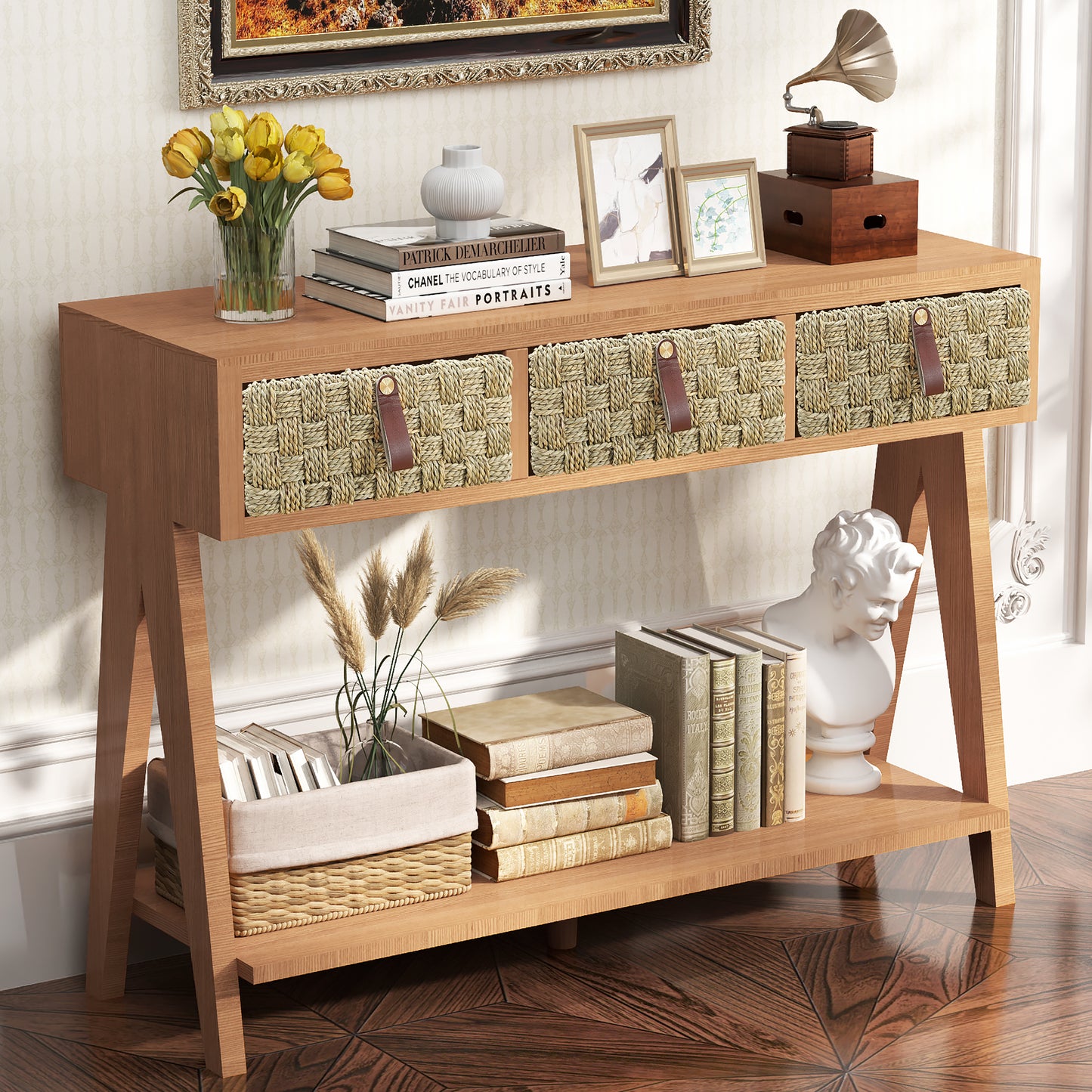Mid-Century Modern Console Table with 3 Woven Drawers – Multifunctional Entryway Table & Open Storage Rack
