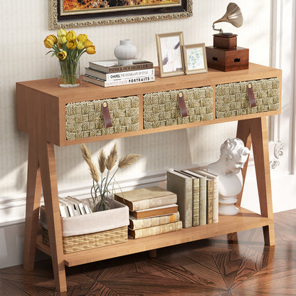 Mid-Century Modern Console Table with 3 Woven Drawers – Multifunctional Entryway Table & Open Storage Rack