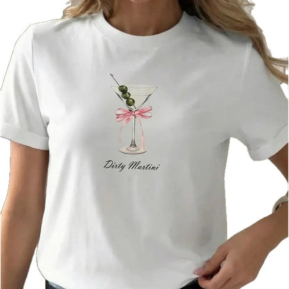 Dirty Martini" Cocktail Graphic Printed Loose Round Neck T-Shirt
