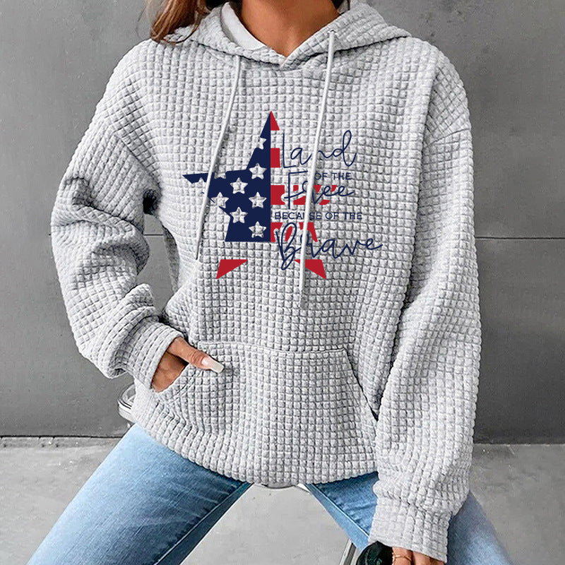 Waffle Knit Star/Flag Graphic Hoodie | Black Long Sleeve Hooded Pullover for Women