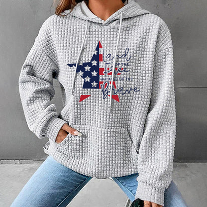 Waffle Knit Star/Flag Graphic Hoodie | Black Long Sleeve Hooded Pullover for Women