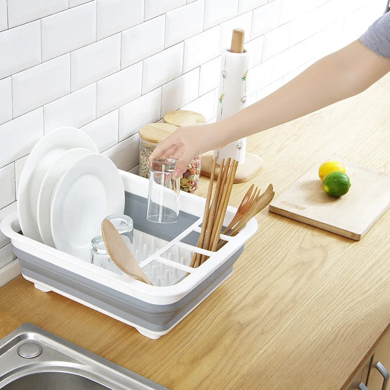 Collapsible Foldable Dish Drying Rack - Space-Saving Portable Kitchen Storage Drainer with Cutlery Organizer
